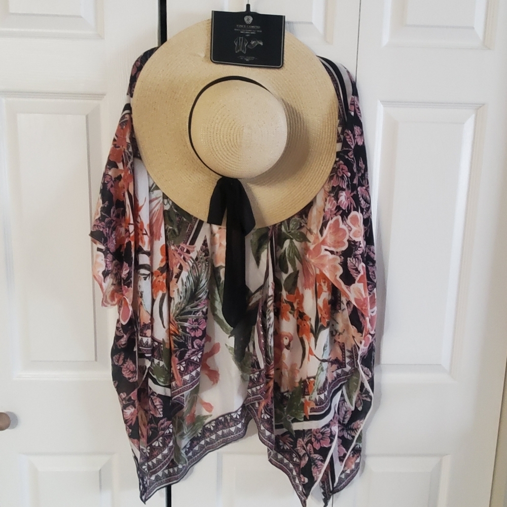 VINCE CAMUTO NWT KIMOMO/ SWIM COVER. WITH FLOPPY HAT. FLORAL PRINT BIRDS TROP.